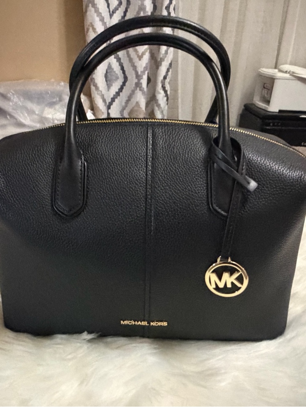 Michael Kors Black Hyde Pebbled Leather Satchel with Gold Accents - Picture 3 of 9
